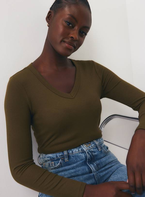 Dark Green Deep V-Neck Ribbed Long Sleeve Top 6